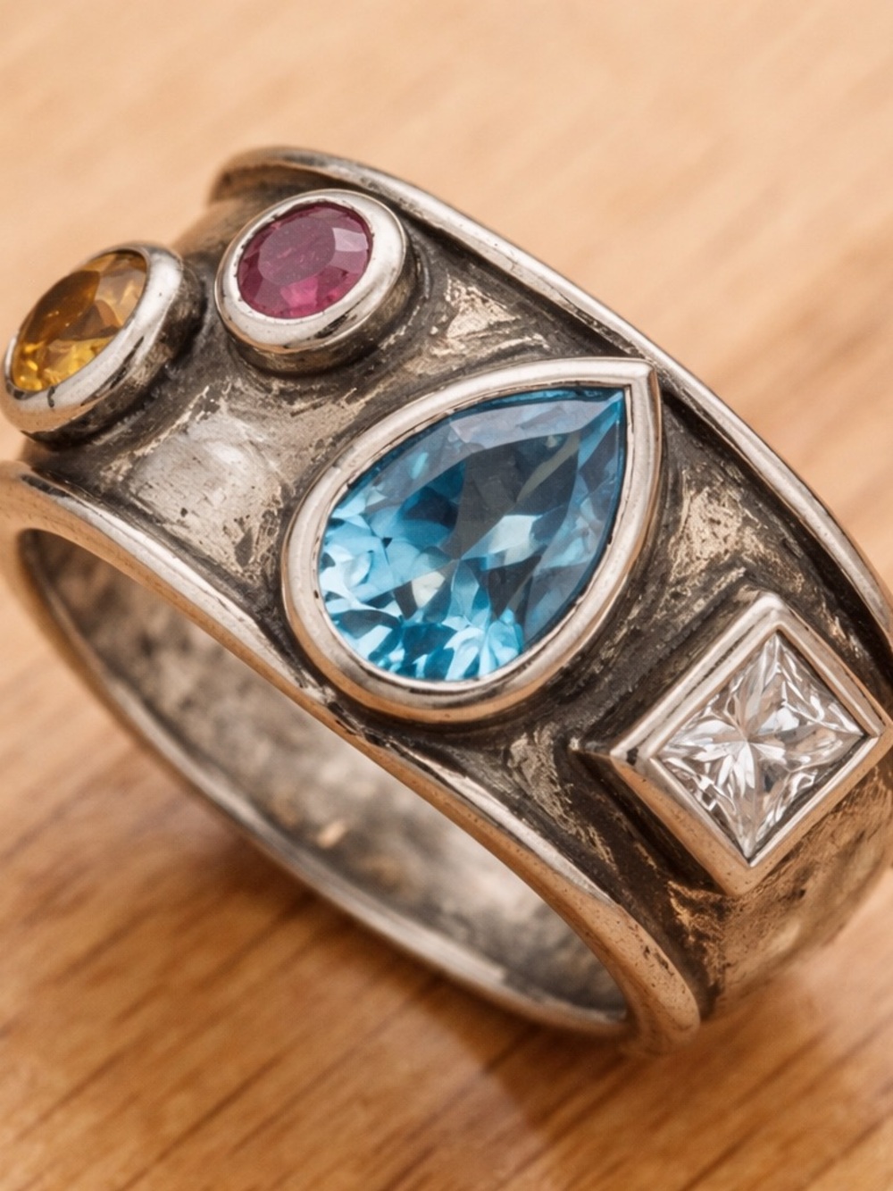 Source Unknown Silver Ring with Blue Teardrop and Multi-Colored Accent Stones - Picture 2 of 2